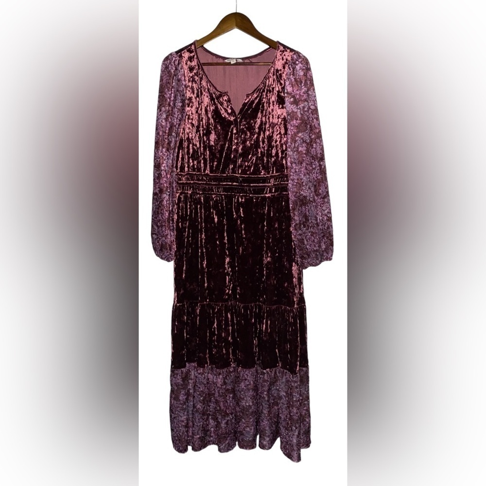 Frye and Co. Floral Burnout Velvet Burgundy Dress Midi Flounce‎ L Boho Cowgirl